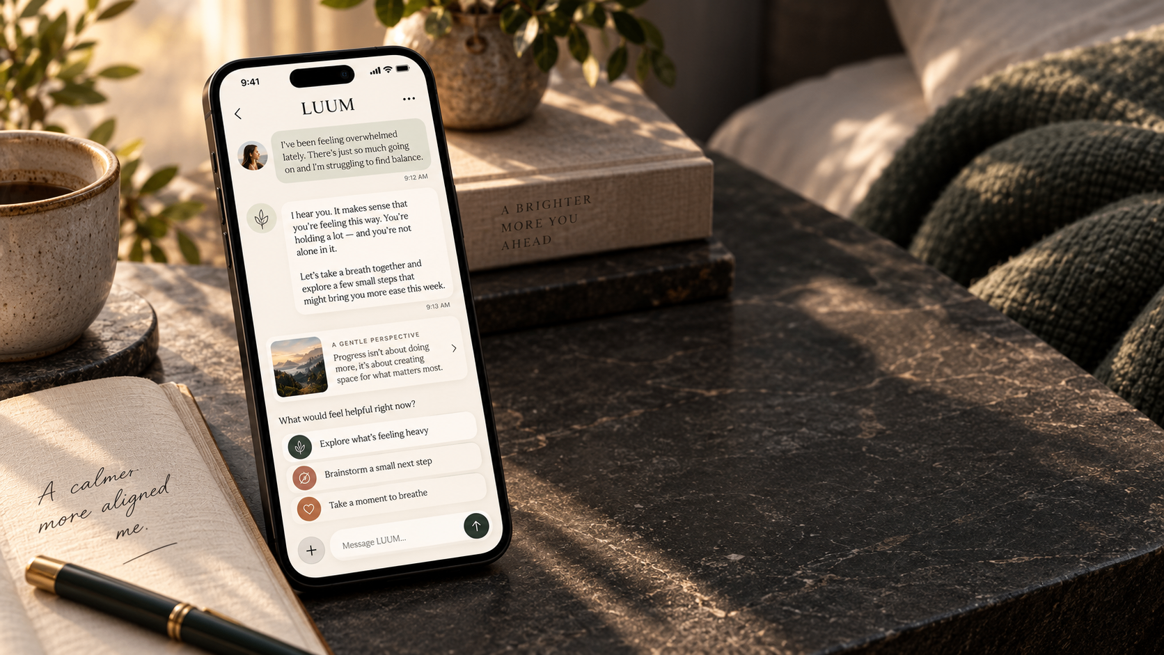 The LUUM Companion open on a phone beside a journal and coffee in morning light