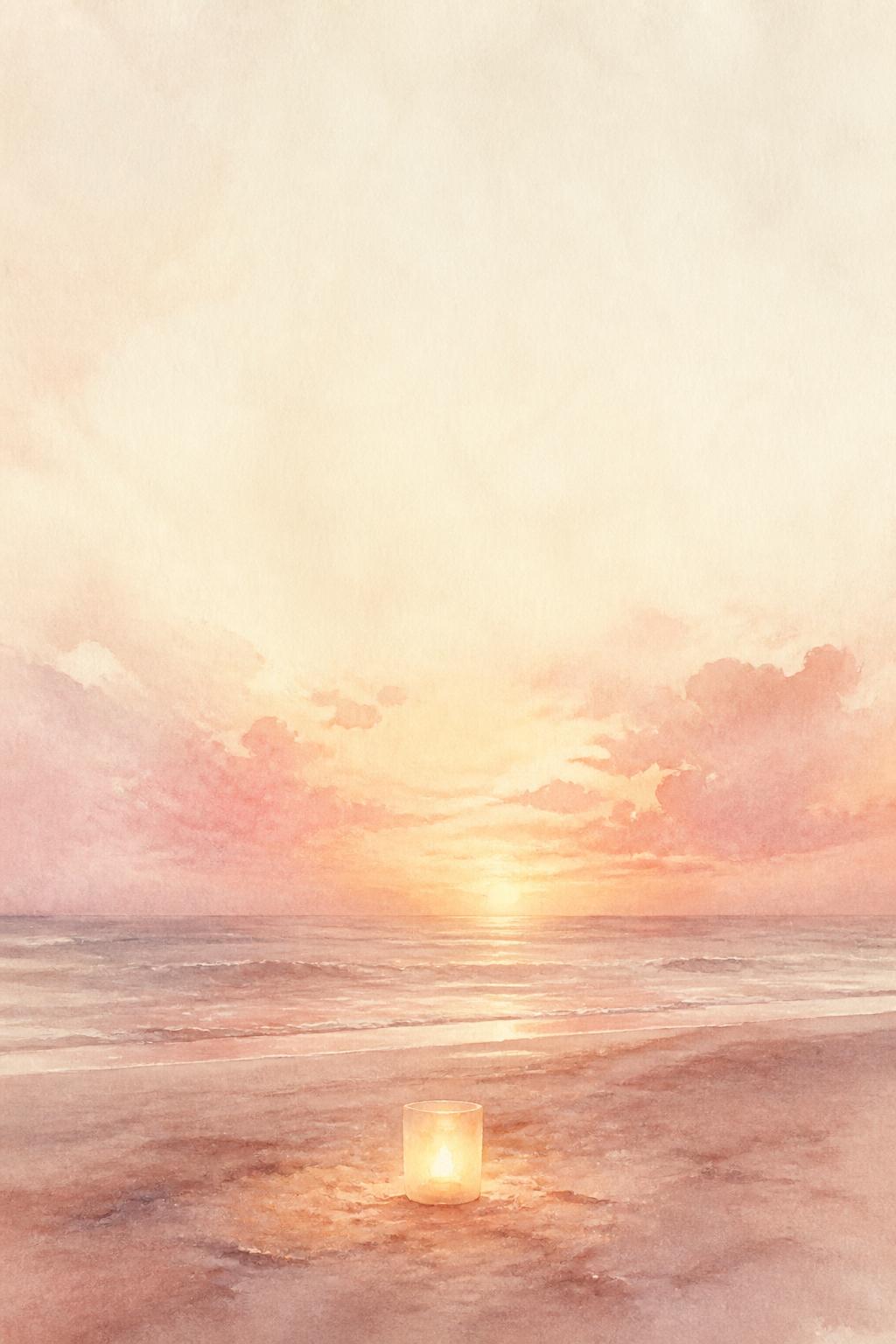 A warm horizon at sunset with a single glowing candle on the shore