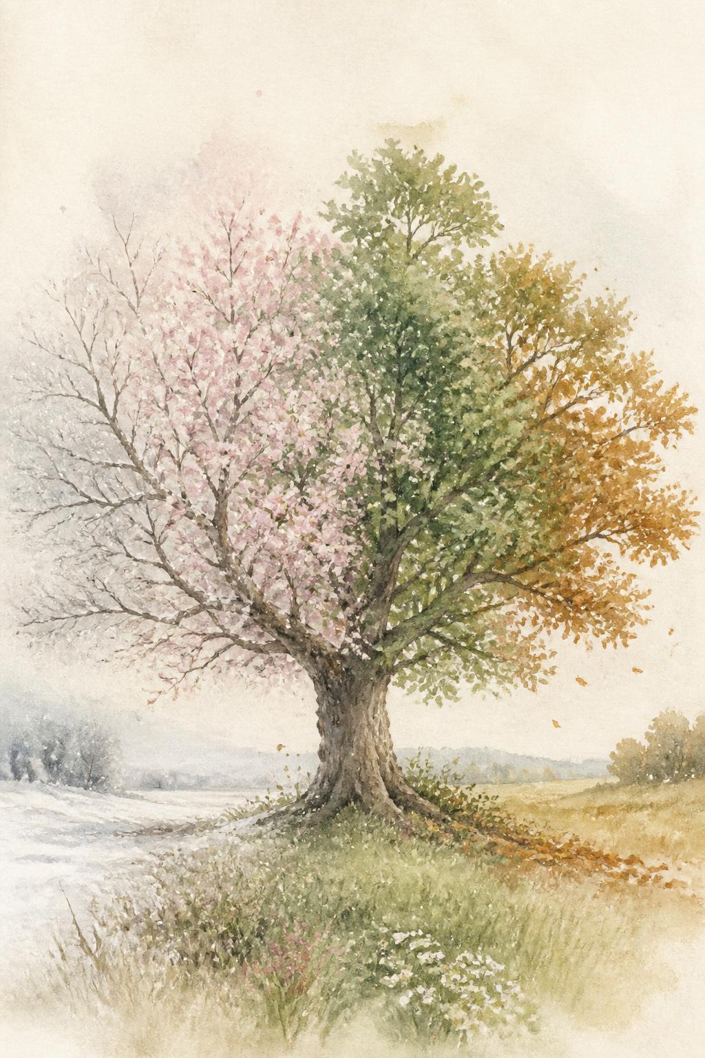A single tree painted through four seasons at once