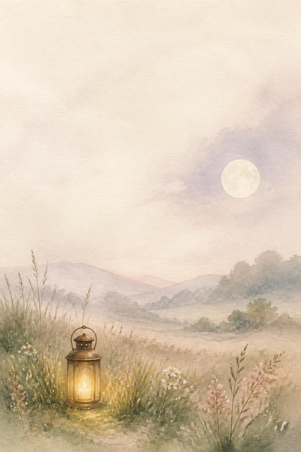 A quiet lantern glowing in a meadow at dusk